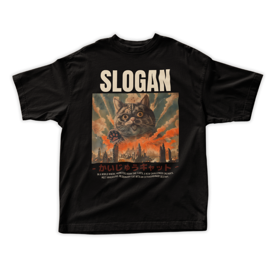Black t-shirt with a graphic of a cat and a cityscape, featuring the word 'SLOGAN'.