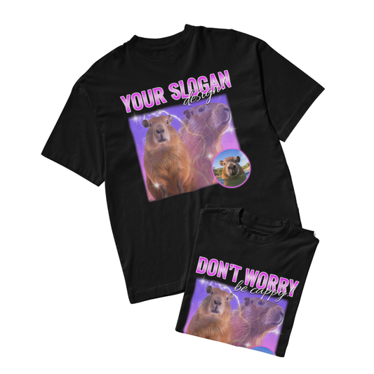 Áo thun Capybara chill, in hình capybara với hiệu ứng sáng, slogan tùy chỉnh, màu sắc neon bắt mắt.