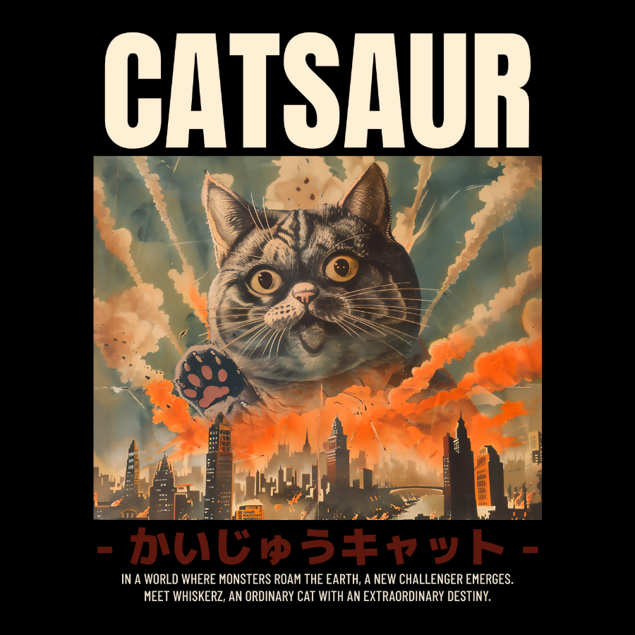 Illustration of a cat with a cityscape in the background and the word 'CATSAUR' at the top.