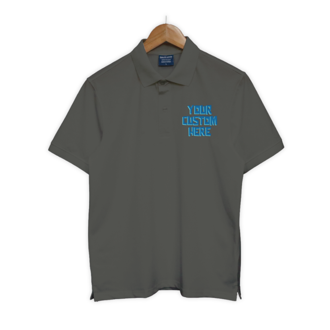 Bộ sưu tập áo polo unisex với dòng chữ tùy chỉnh “Your Custom Here” ở ngực trái, nhiều màu sắc: đen, trắng, xanh, đỏ, be, hồng, tím...