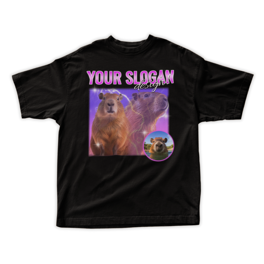 Áo thun Capybara chill, in hình capybara với hiệu ứng sáng, slogan tùy chỉnh, màu sắc neon bắt mắt.